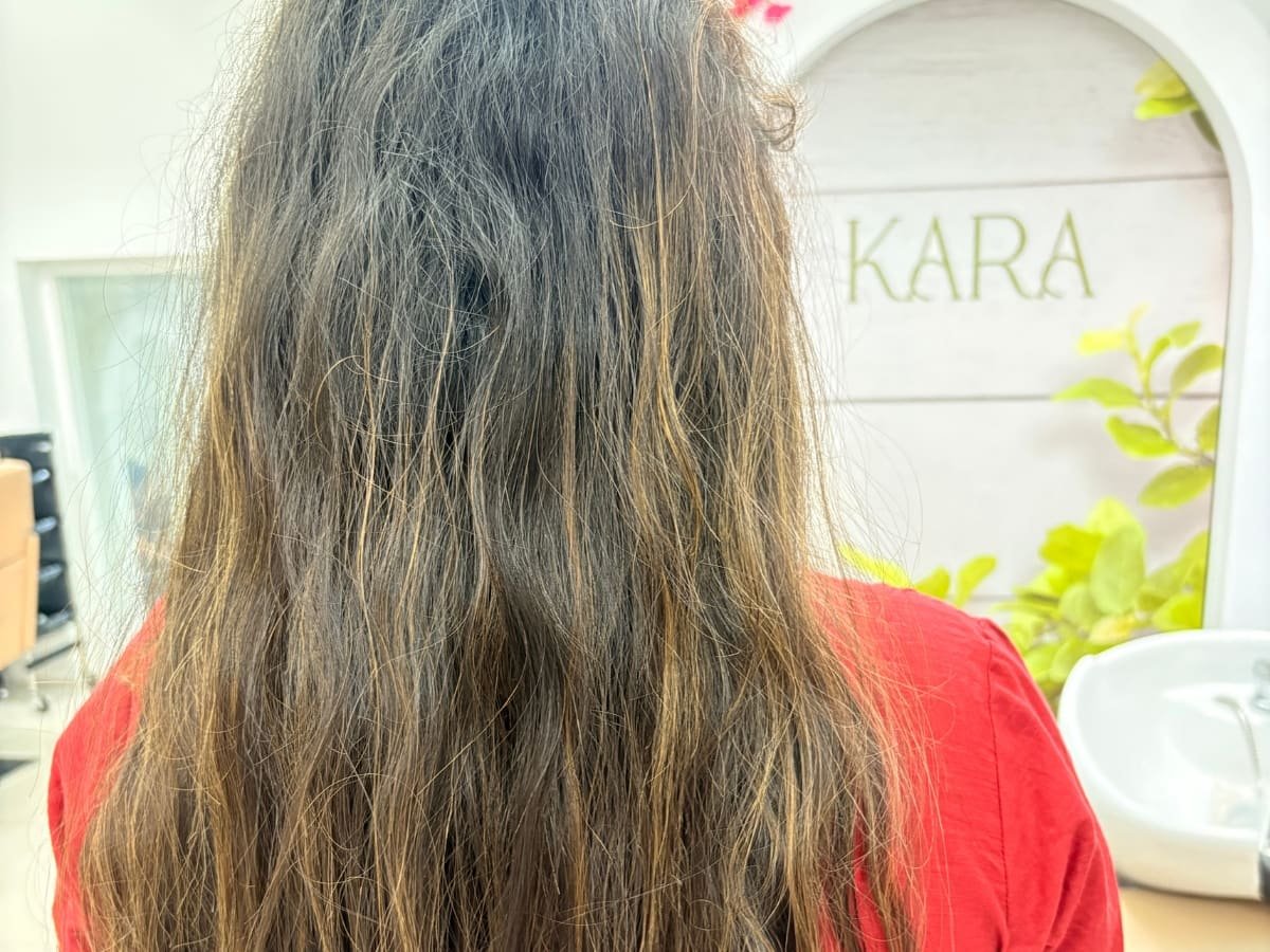 Before — client hair/skin prior to the Aqua Hair Treatment, same light and angle